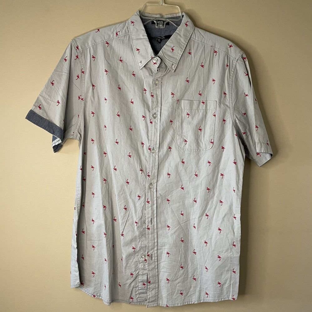 Carbon‎ Classic Fit Mens L Red Flamingo Print Indian Cotton Short Sleeve Shirt